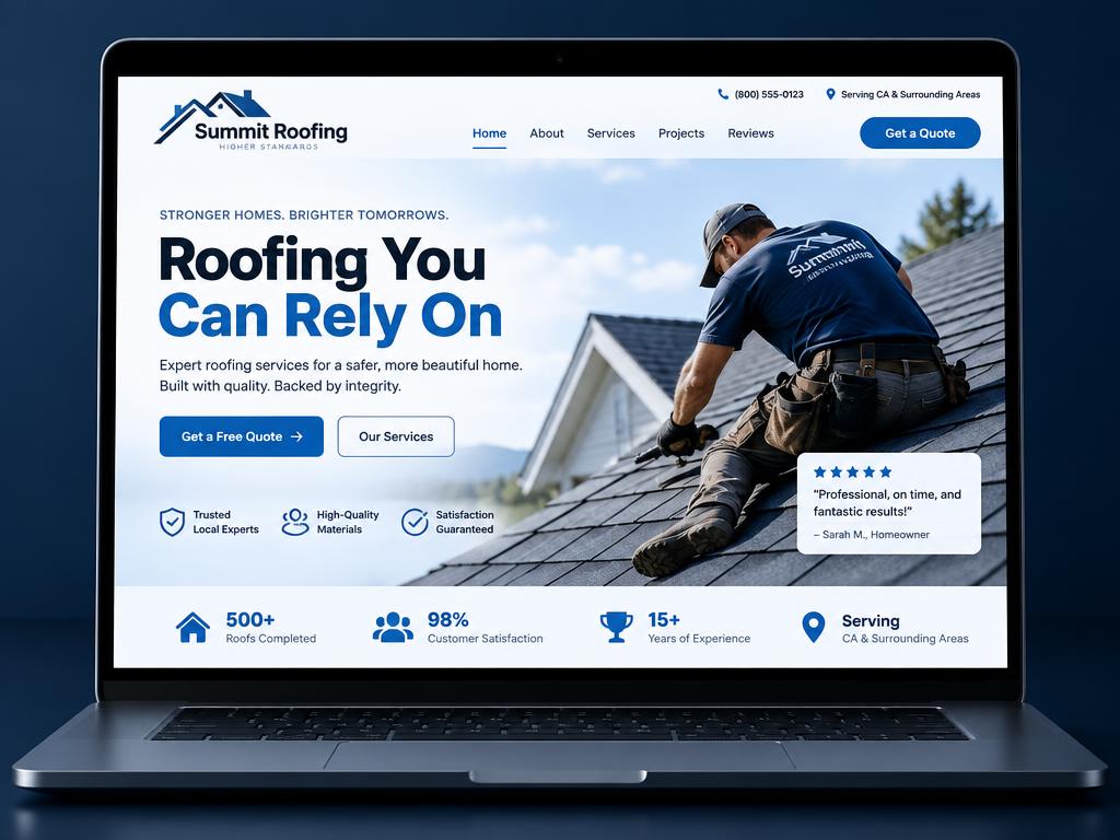 A modern roofing company website built for a local business, shown on a laptop